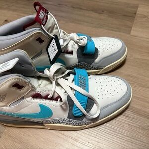 Nike Kids High-Top Sneakers in White, Teal & Gray with Maroon Accents